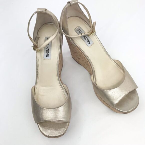 Steve Madden Metallic Gold Tone Cork Wedge Open Toe Sandals - Picture 2 of 15